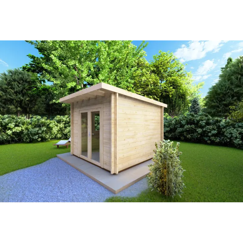 Moderne Gartenhaus ILARIA 3x3, 44mm, Frontansicht rechte Seite