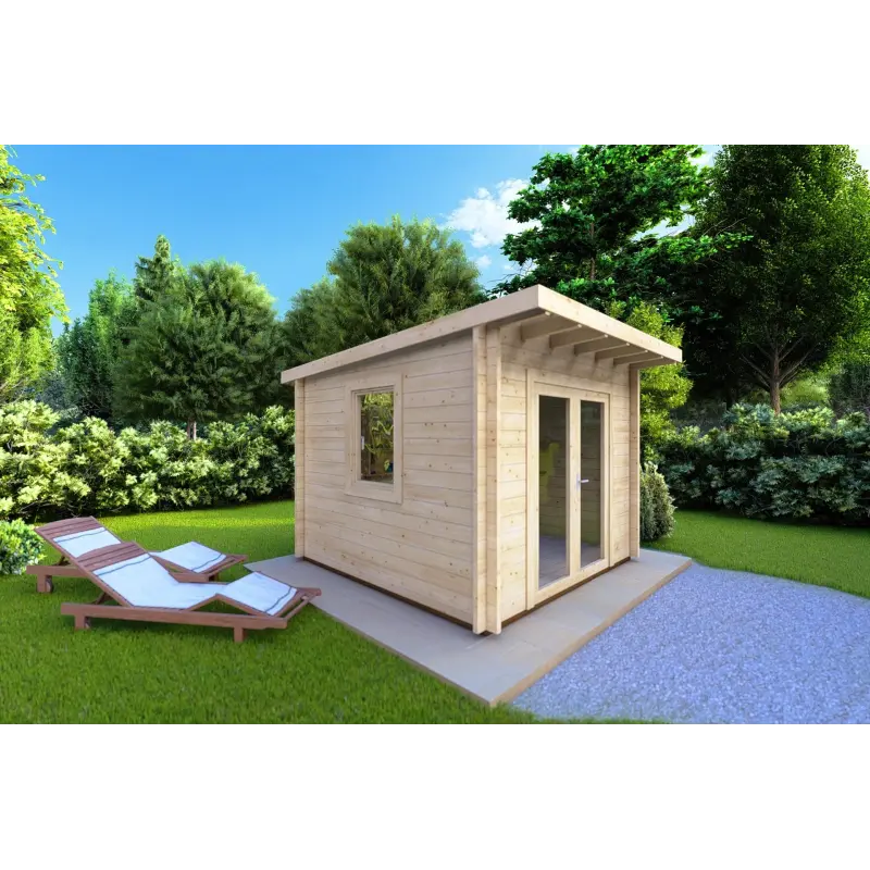 Moderne Gartenhaus ILARIA 3x3, 44mm, Frontansicht linke Seite