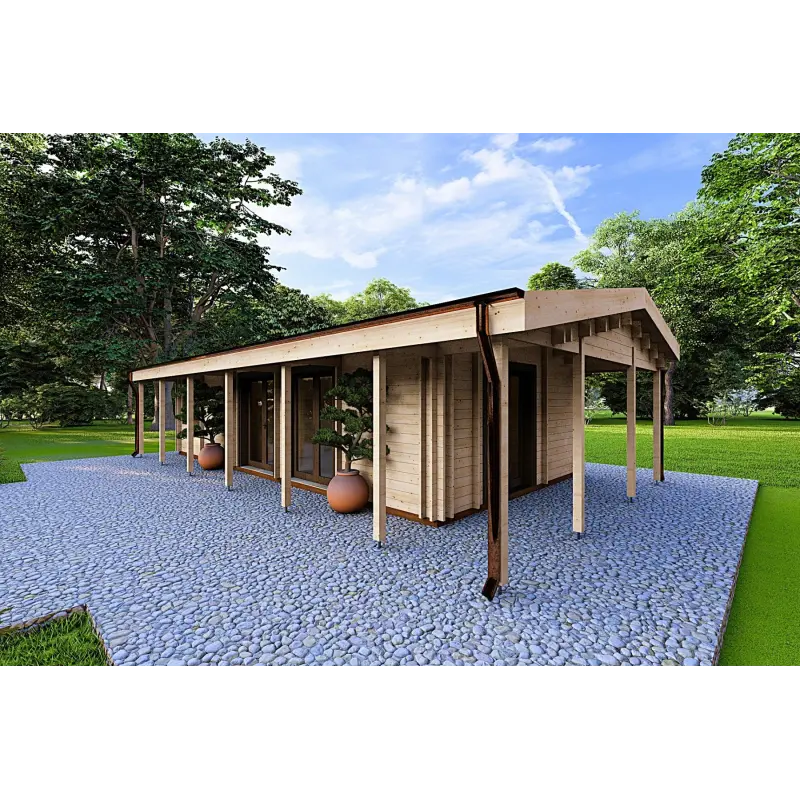 Holzhaus fertighaus​ OLIMPIA auf einer Etage, 84 m², 44/140/44 mm, Frontansicht rechte Seite