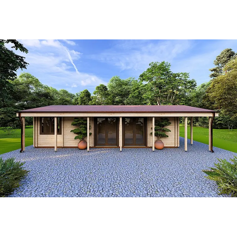 Holzhaus fertighaus​ OLIMPIA auf einer Etage, 84 m², 44/140/44 mm, Frontansicht