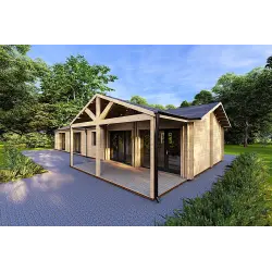 Fertighaus Holzhaus mit Satteldach ISOTTA 125 m², 44/140/44 mm, Frontansicht rechte Seite