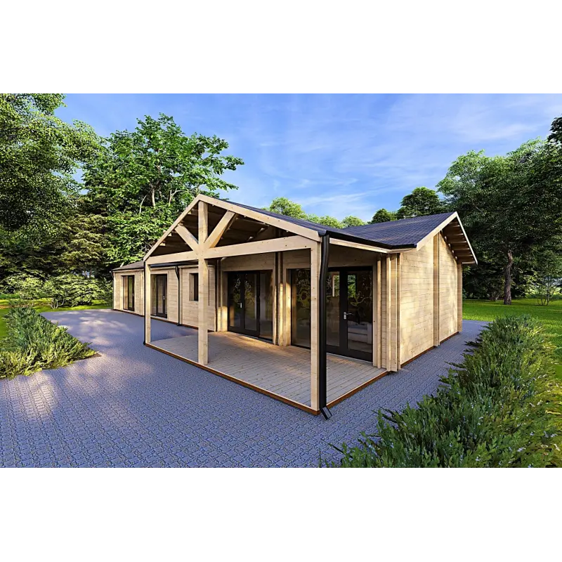 Fertighaus Holzhaus mit Satteldach ISOTTA 125 m², 44/140/44 mm, Frontansicht rechte Seite