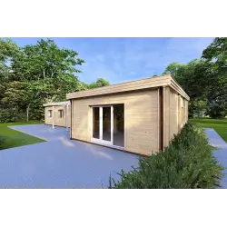 Fertighaus Holzhaus mit Flachdach CAMELIA 125 m², 44/140/44 mm, Frontansicht rechte Seite