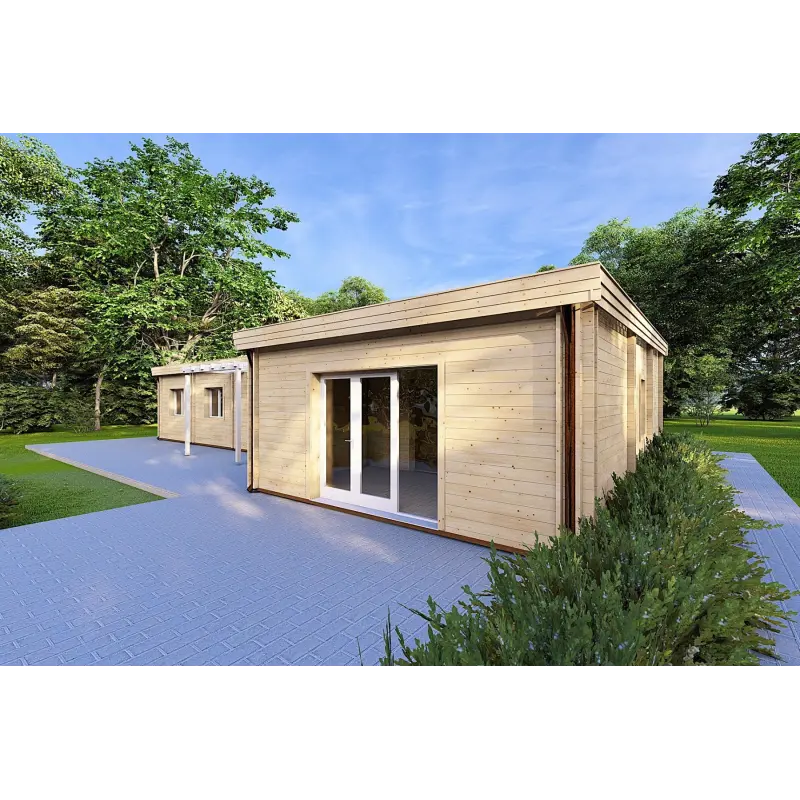 Fertighaus Holzhaus mit Flachdach CAMELIA 125 m², 44/140/44 mm, Frontansicht rechte Seite