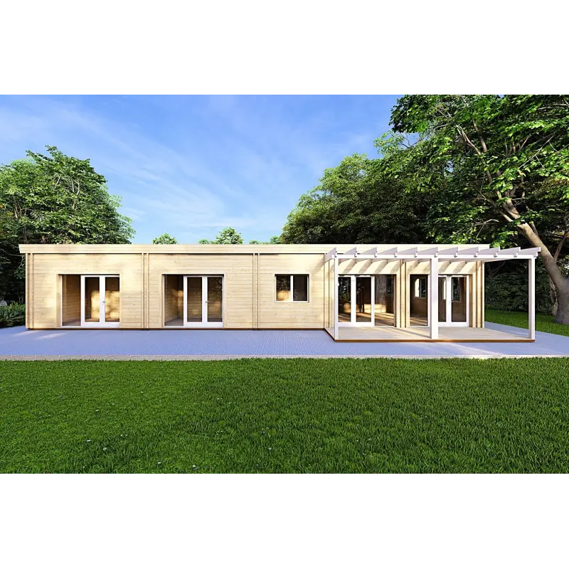 Fertighaus Holzhaus mit Flachdach CAMELIA 125 m², 44/140/44 mm, Rückansicht