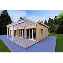Holzhaus Fertighaus​ DAFNE 95 m² 44/140/44 mm, Frontansicht rechte Seite