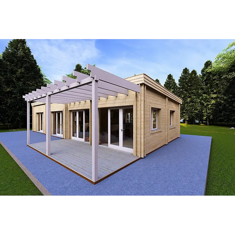 Holzhaus Fertighaus​ DAFNE 95 m² 44/140/44 mm, Frontansicht rechte Seite