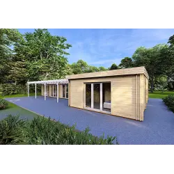 Fertighaus Holzhaus mit überdachtem Eingangsbereich CELESTE 140 m², 44/140/44 mm, Frontansicht rechte Seite