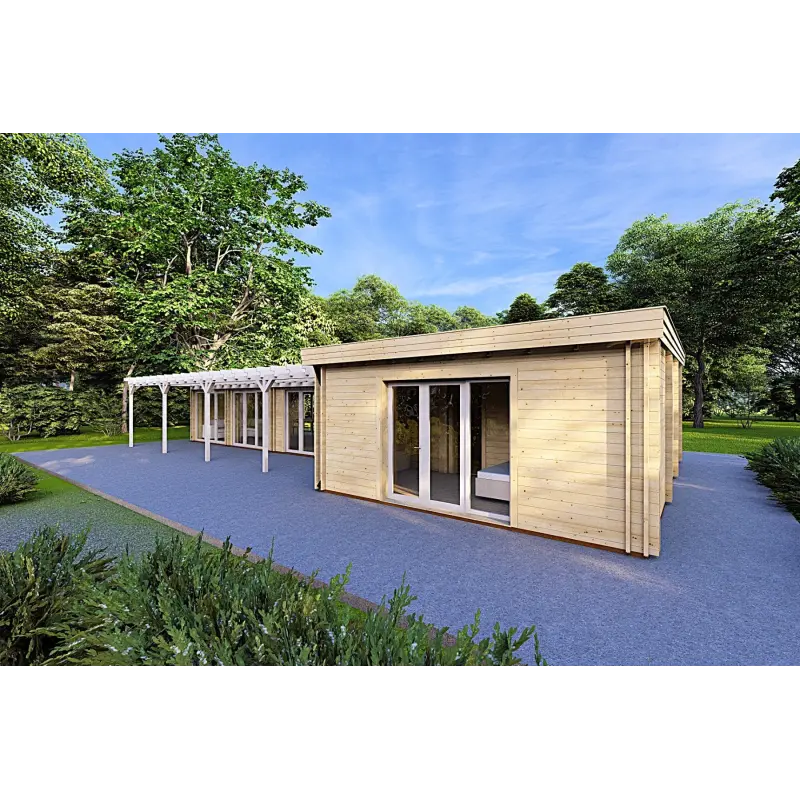 Fertighaus Holzhaus mit überdachtem Eingangsbereich CELESTE 140 m², 44/140/44 mm, Frontansicht rechte Seite