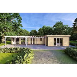 Fertighaus Holzhaus mit überdachtem Eingangsbereich CELESTE 140 m², 44/140/44 mm, Frontansicht