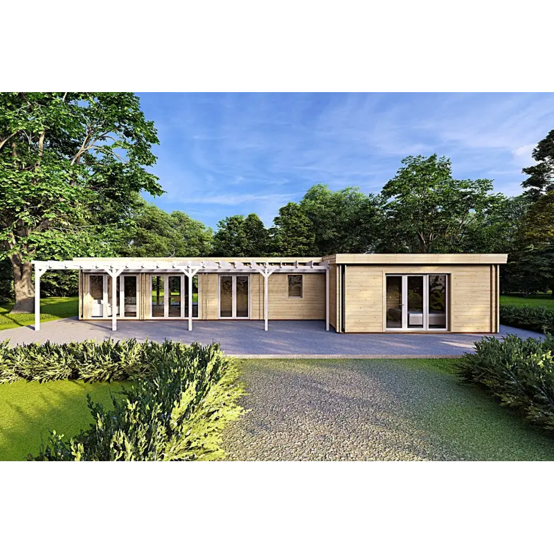 Fertighaus Holzhaus mit überdachtem Eingangsbereich CELESTE 140 m², 44/140/44 mm, Frontansicht