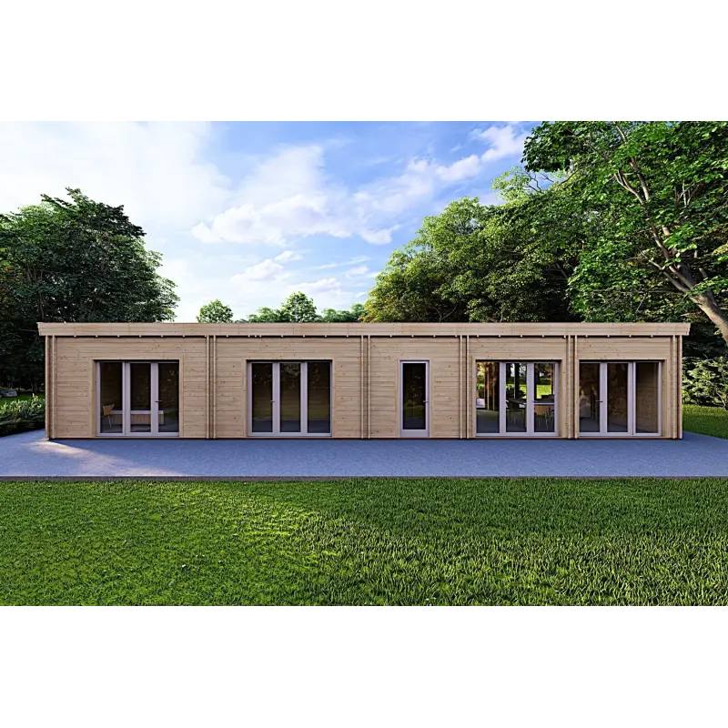 Fertighaus Holzhaus mit überdachtem Eingangsbereich CELESTE 140 m², 44/140/44 mm, Rückansicht