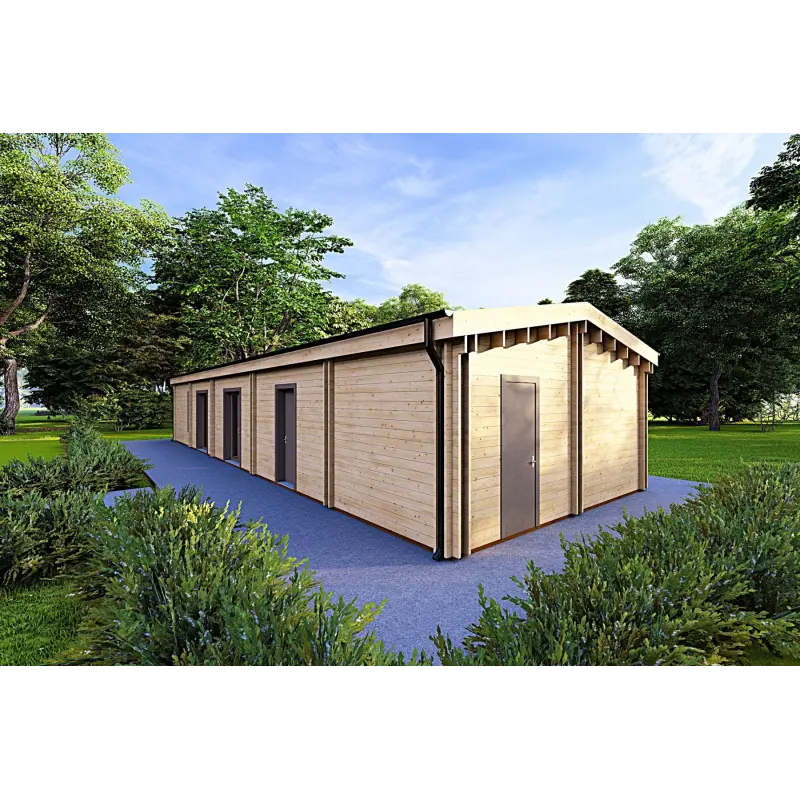Holzhaus Fertighaus​ mit Garage CLOE 114 m², 44/140/44 mm, Frontansicht rechte Seite