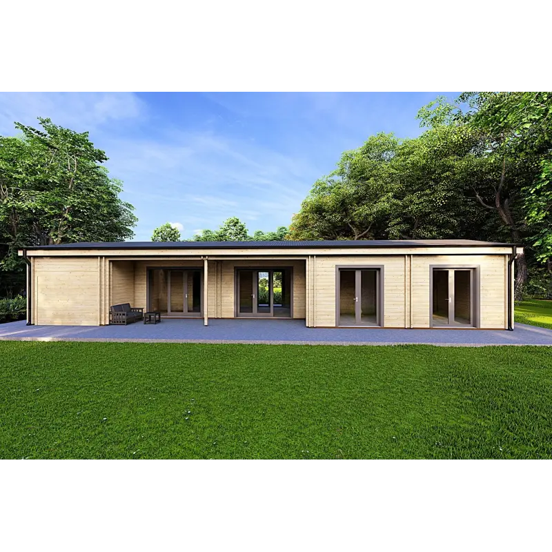 Holzhaus Fertighaus​ mit Garage CLOE 114 m², 44/140/44 mm, Rückansicht