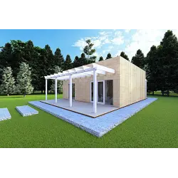 Holzhaus Fertighaus​ mit doppeler Veranda NAUSICAA 98 m², 70/100/30/40 mm, Frontansicht rechte Seite