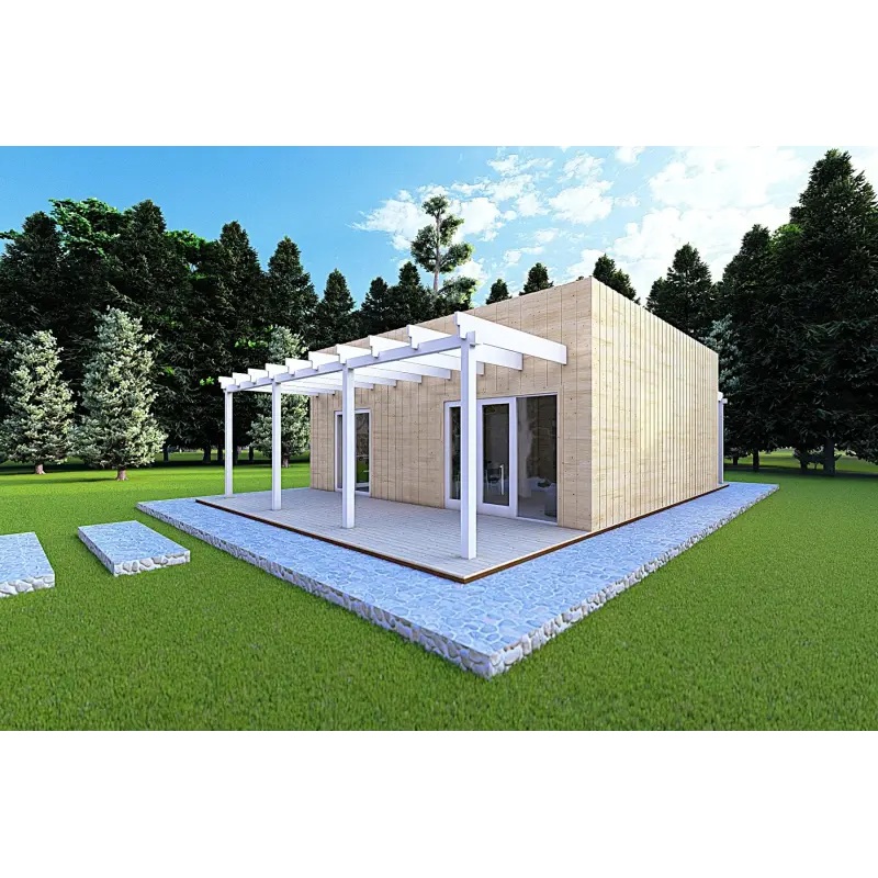 Holzhaus Fertighaus​ mit doppeler Veranda NAUSICAA 98 m², 70/100/30/40 mm, Frontansicht rechte Seite