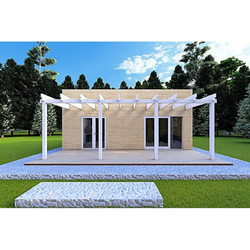 Holzhaus Fertighaus​ mit doppeler Veranda NAUSICAA 98 m², 70/100/30/40 mm, Frontansicht
