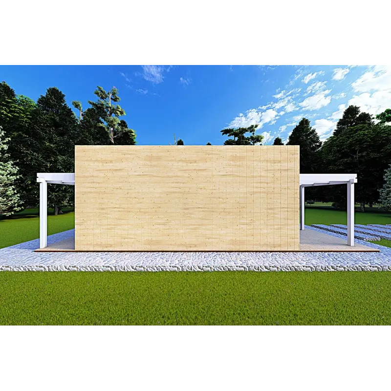 Holzhaus Fertighaus​ mit doppeler Veranda NAUSICAA 98 m², 70/100/30/40 mm, linke Seite