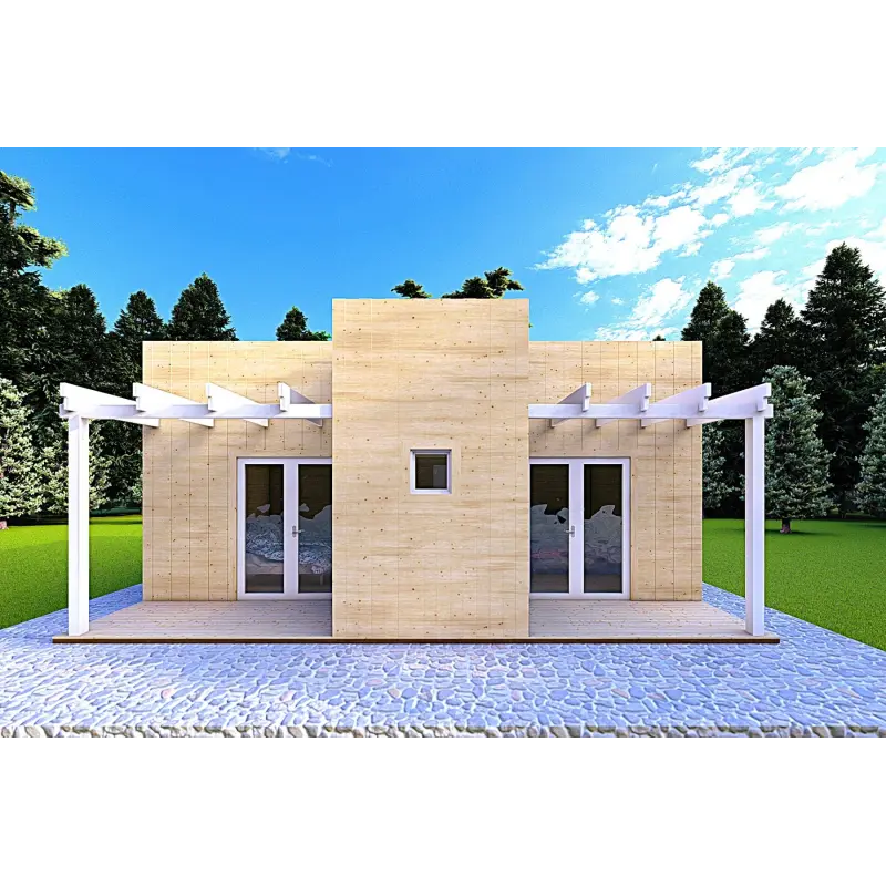 Holzhaus Fertighaus​ mit doppeler Veranda NAUSICAA 98 m², 70/100/30/40 mm, Rückansicht