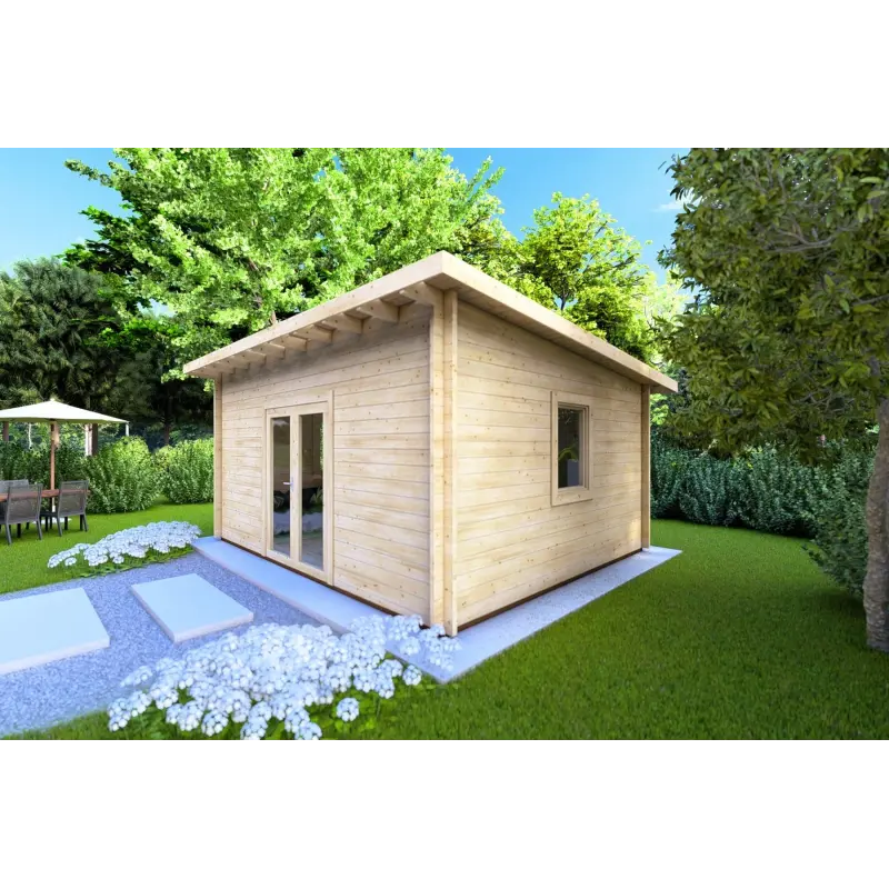Gartenhaus Holz mit Pultdach GLORIA 5.2x4.2, 44mm, Frontansicht rechte Seite