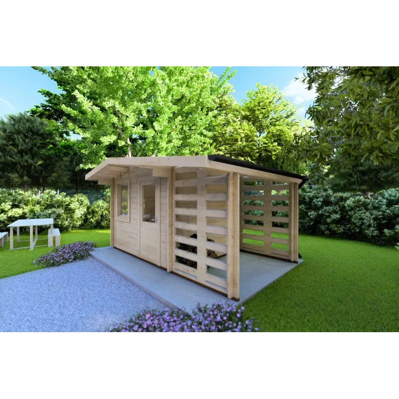 Moderne Gartenhaus AURORA mit Holzlager 4.5x2.5, 44mm, Frontansicht rechte Seite