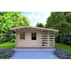 Moderne Gartenhaus AURORA mit Holzlager 4.5x2.5, 44mm, Frontansicht