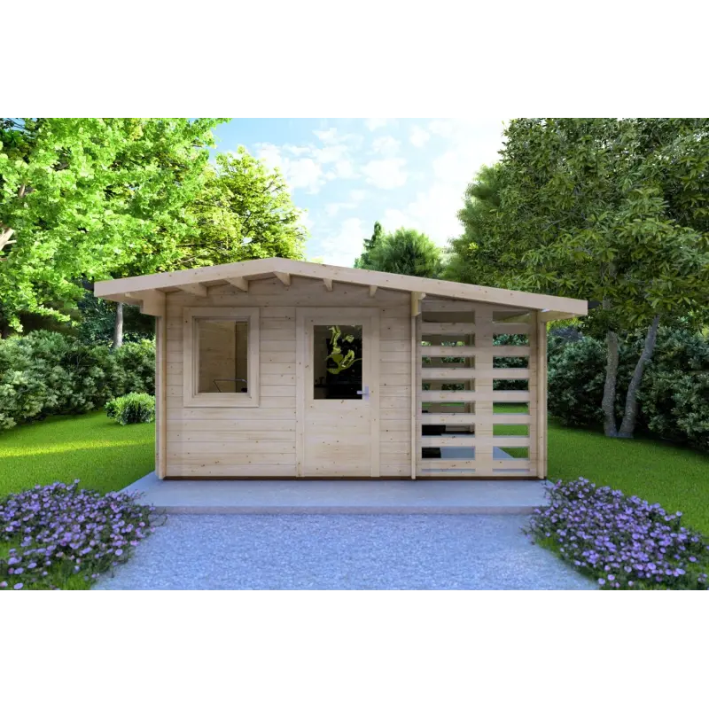 Moderne Gartenhaus AURORA mit Holzlager 4.5x2.5, 44mm, Frontansicht