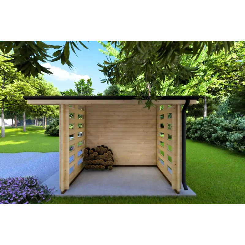 Moderne Gartenhaus AURORA mit Holzlager 4.5x2.5, 44mm, rechte Seite