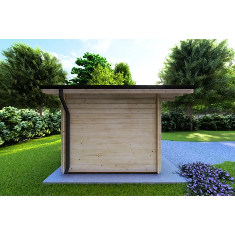 Moderne Gartenhaus AURORA mit Holzlager 4.5x2.5, 44mm, linke Seite