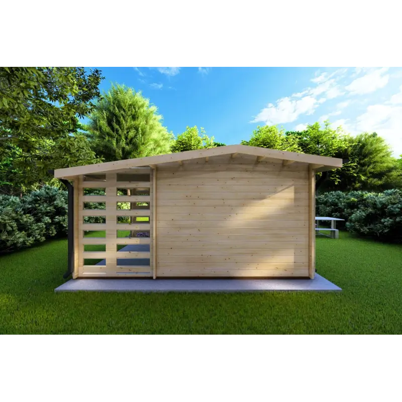 Moderne Gartenhaus AURORA mit Holzlager 4.5x2.5, 44mm, Rückansicht