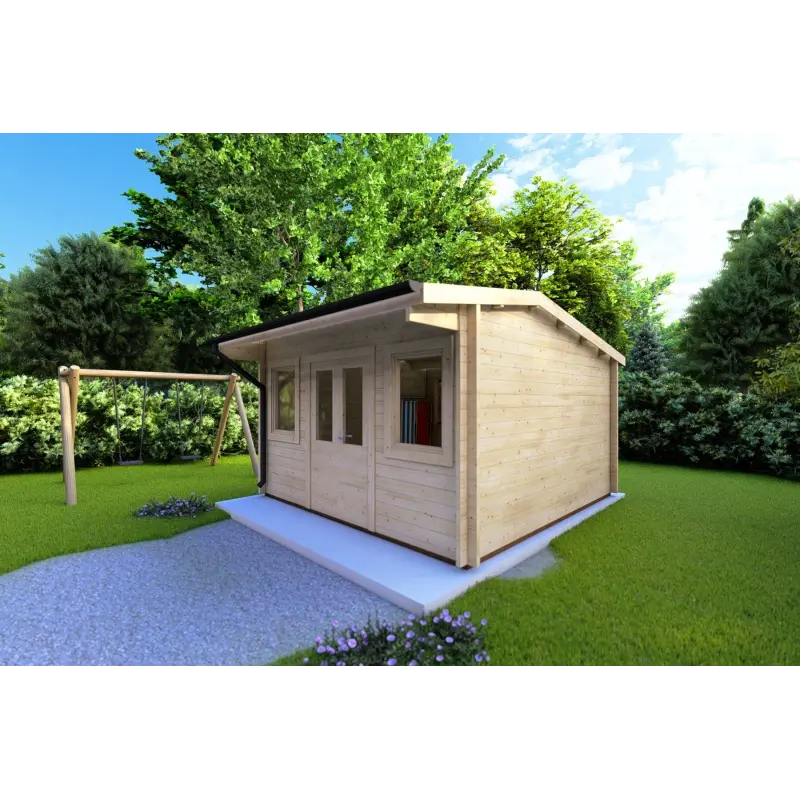 Moderne Gartenhaus AZZURRA 4x3, 44mm, Frontansicht rechte Seite