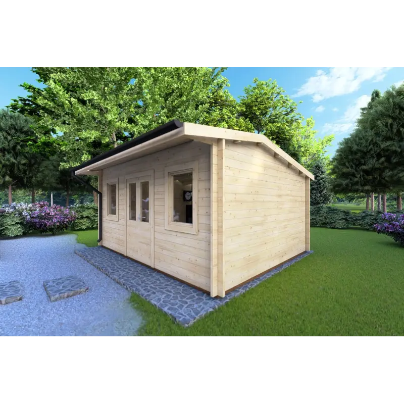 Moderne Gartenhaus AZZURRA 5x4, 44mm, Frontansicht rechte Seite