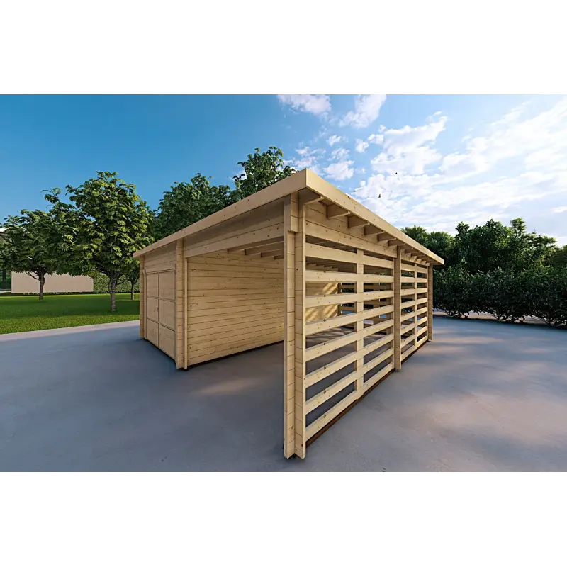 Garage aus Holz mit Überdachung 6x6, 44mm, Frontansicht rechte Seite