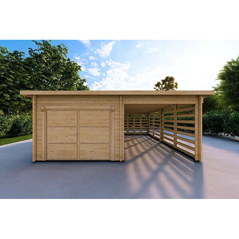 Garage aus Holz mit Überdachung 6x6, 44mm, Frontansicht