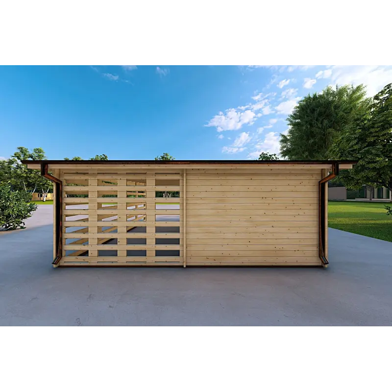 Garage aus Holz mit Überdachung 6x6, 44mm, Rückansicht