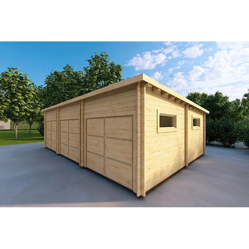 Garage aus Holz mit drei Stellplätzen 9x6, 44mm, Frontansicht rechte Seite