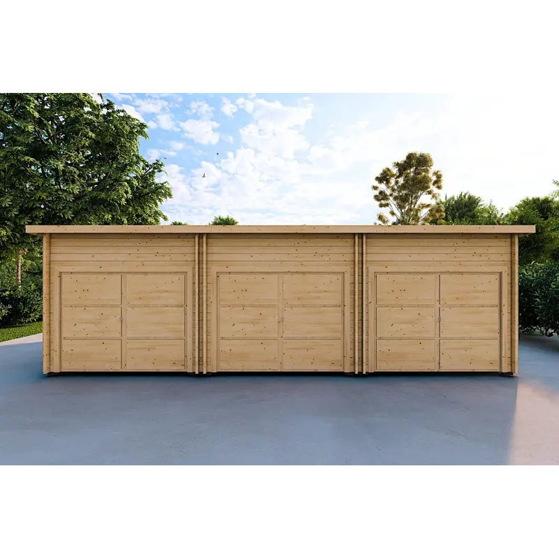 Garage aus Holz mit drei Stellplätzen 9x6, 44mm, Frontansicht