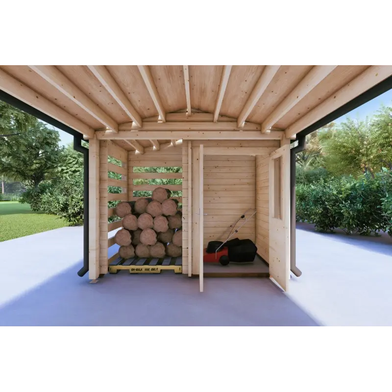 Überdachung aus Holz 24 m², 44mm, Holzlager und Abstellraum