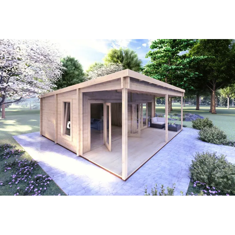 Blockbohlenhaus mit Veranda ALICE 7x6.4, 44mm, Frontansicht linke Seite