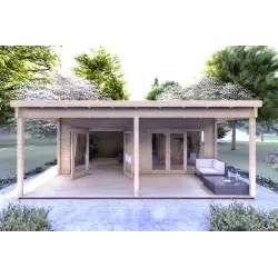 Blockbohlenhaus mit Veranda ALICE 7x6.4, 44mm, Frontansicht