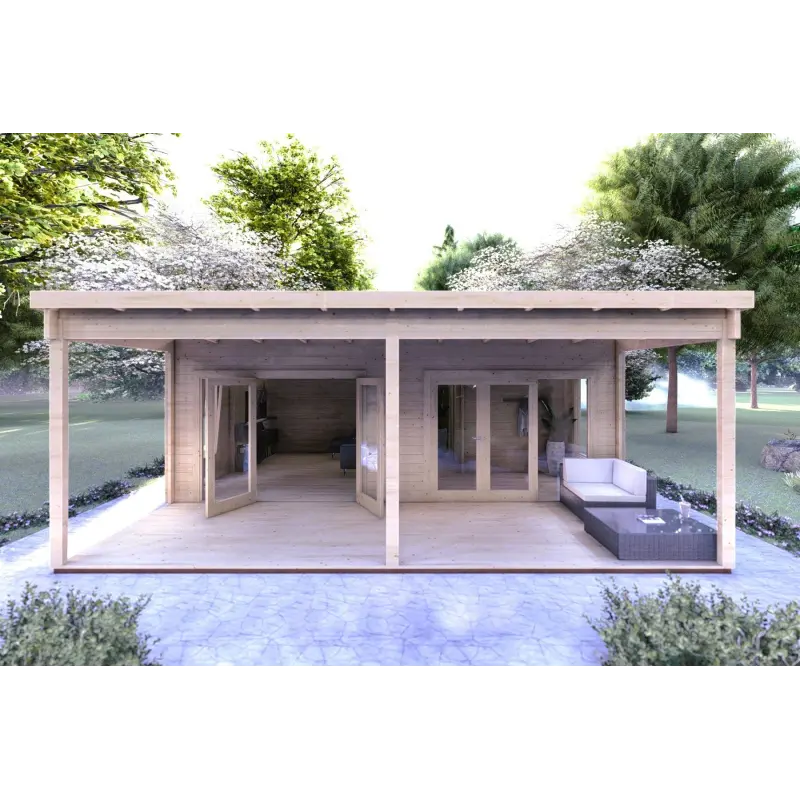 Blockbohlenhaus mit Veranda ALICE 7x6.4, 44mm, Frontansicht