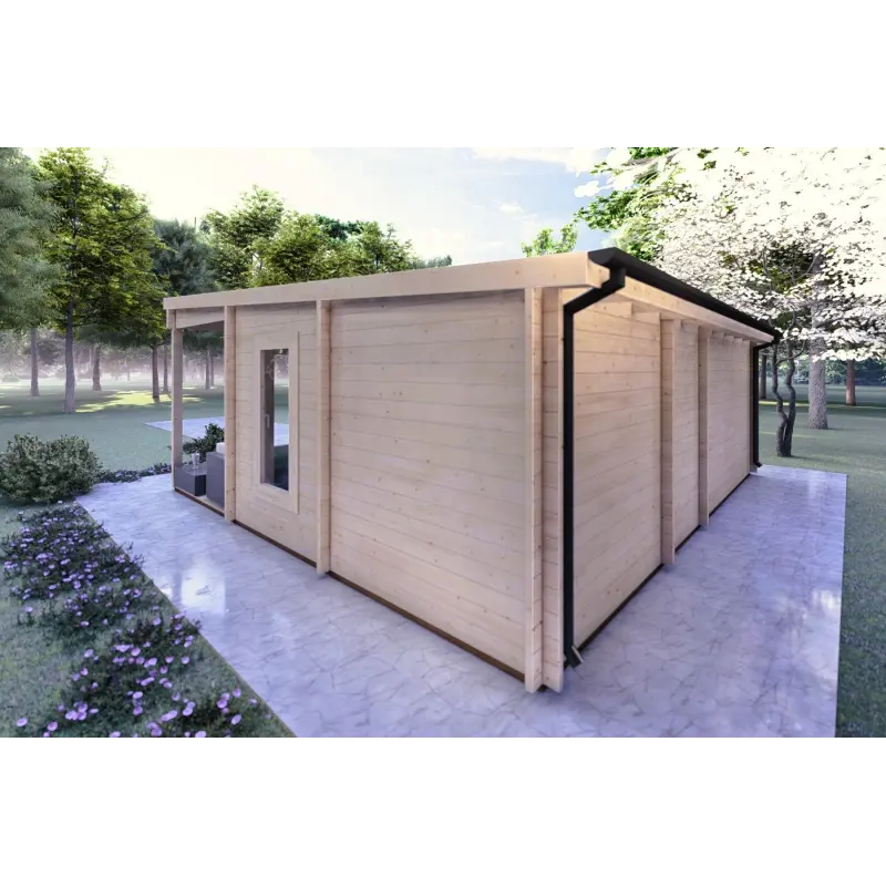 Blockbohlenhaus mit Veranda ALICE 7x6.4, 44mm, Rückansicht