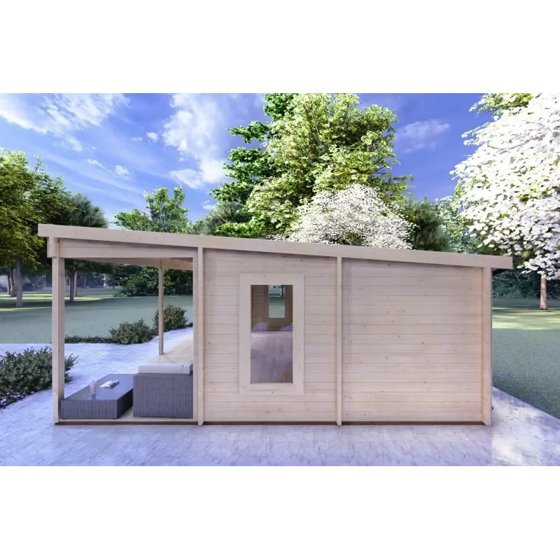 Blockbohlenhaus mit Veranda ALICE 7x6.4, 44mm, rechte Seite