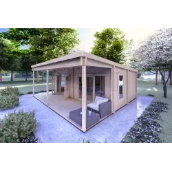 Blockbohlenhaus mit Veranda ALICE 7x6.4, 44mm, Frontansicht rechte Seite