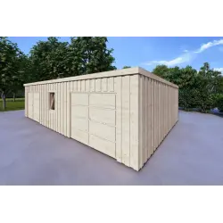 Doppel-Holzgarage mit Pultdach und Abstellraum 9.6x6.4, 44/80/30/40 mm, Frontansicht rechte Seite