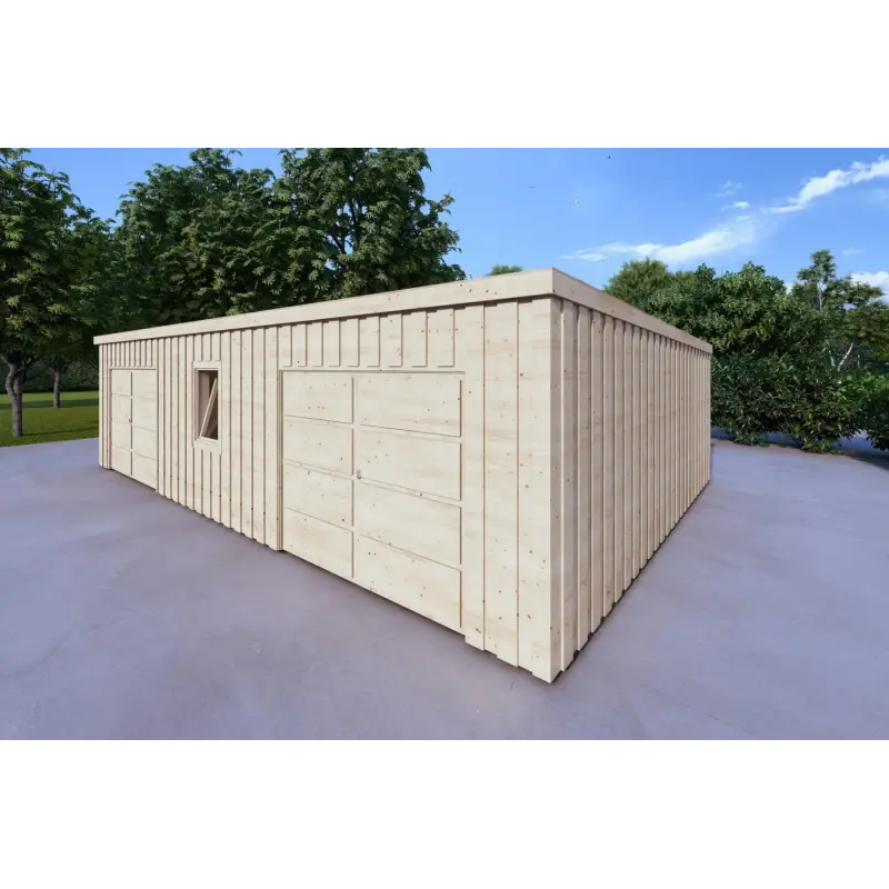 Doppel-Holzgarage mit Pultdach und Abstellraum 9.6x6.4, 44/80/30/40 mm, Frontansicht rechte Seite