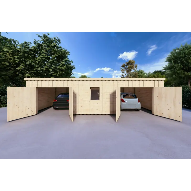 Doppel-Holzgarage mit Pultdach und Abstellraum 9.6x6.4, 44/80/30/40 mm, Frontansicht