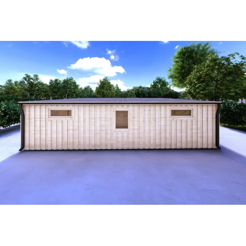 Doppel-Holzgarage mit Pultdach und Abstellraum 9.6x6.4, 44/80/30/40 mm, Rückansicht