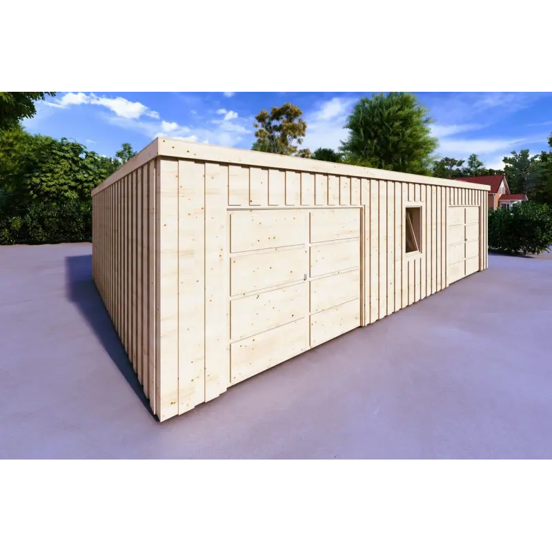 Doppel-Holzgarage mit Pultdach und Abstellraum 9.6x6.4, 44/80/30/40 mm, linke Seite