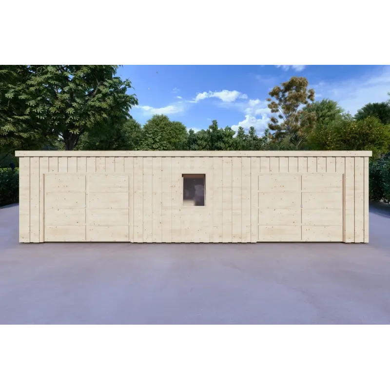 Doppel-Holzgarage mit Pultdach und Abstellraum 9.6x6.4, 44/80/30/40 mm, Vorderansicht